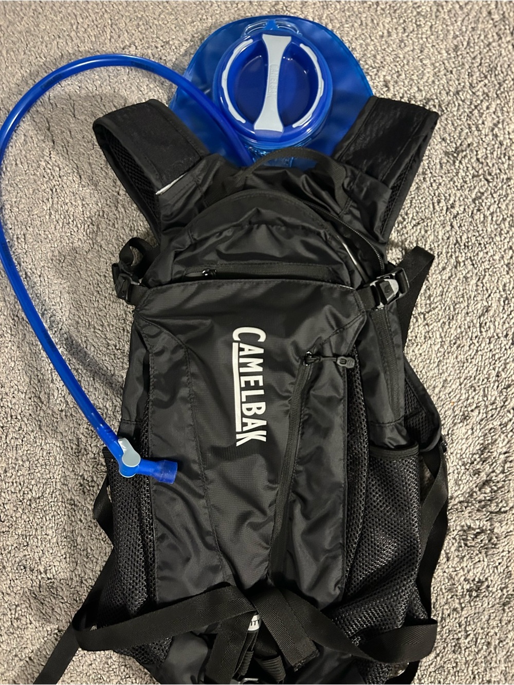 Camelbak Black Backpack Multiple Zip Pockets with Blue Hydration Reservoir